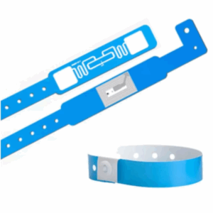 Adjustable blue RFID wristband with integrated chip for contactless scanning and identification.
