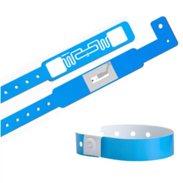 Adjustable blue RFID wristband with integrated chip for contactless scanning and identification.