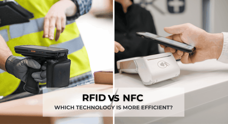 Comparison of RFID and NFC technologies with RFID handheld scanner for logistics on the left and NFC mobile payment on the right.