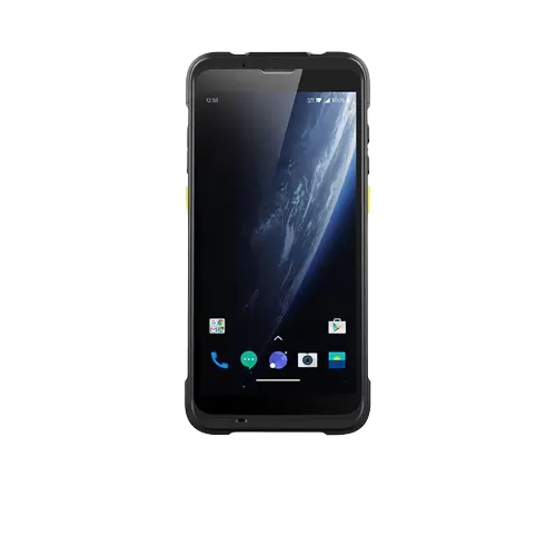 Front view of the IDT RHC66 handheld RFID reader featuring a sleek, smartphone-style design with a large touchscreen interface for efficient asset tracking and mobile data collection.