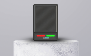 Front view of the IDT-107 Compact Desktop UHF RFID Reader/Writer with LED indicator lights, designed for precise and efficient RFID tag encoding.