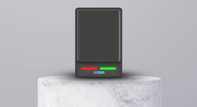 Front view of the IDT-107 Compact Desktop UHF RFID Reader/Writer with LED indicator lights, designed for precise and efficient RFID tag encoding.