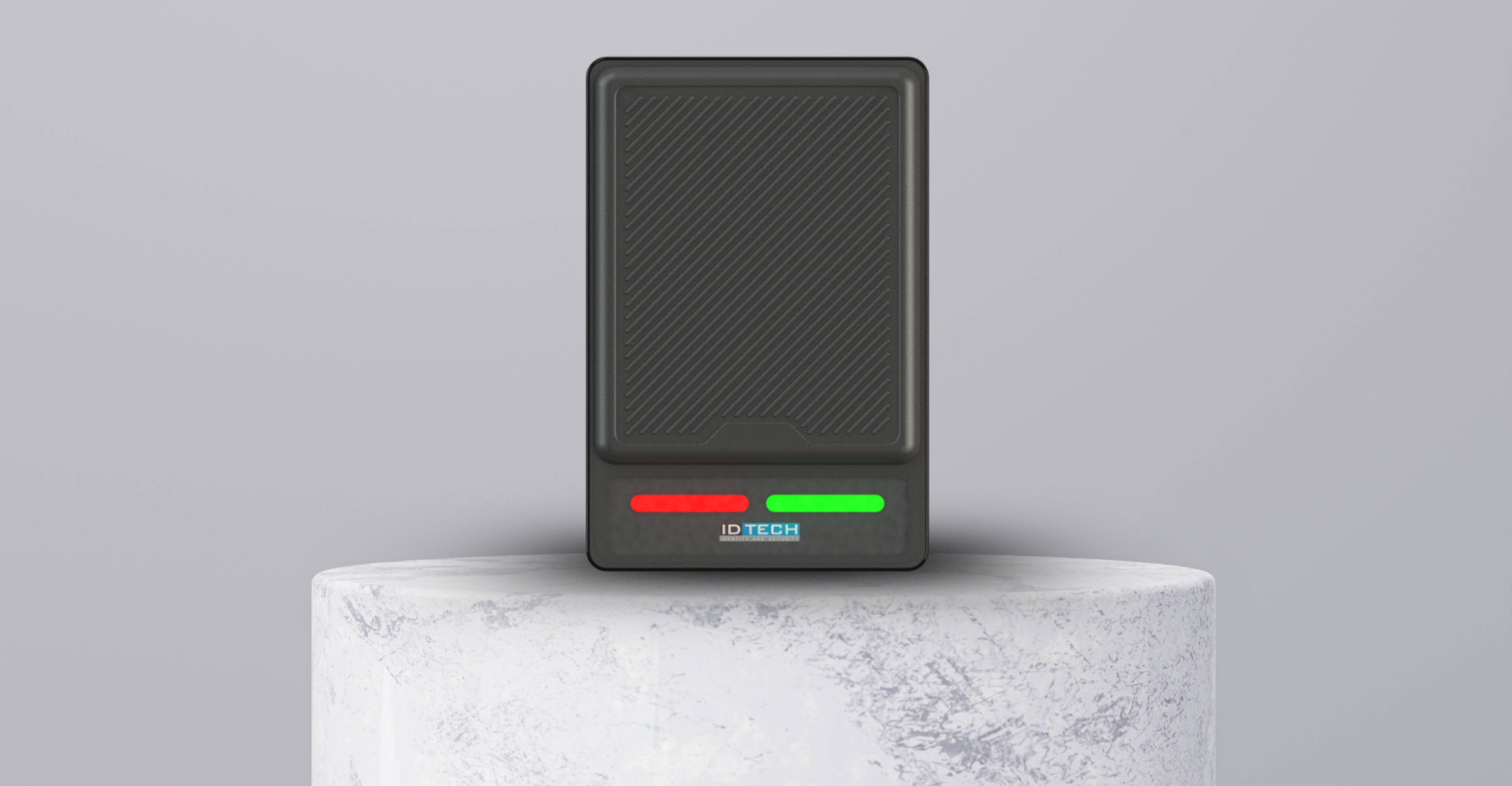 Front view of the IDT-107 Compact Desktop UHF RFID Reader/Writer with LED indicator lights, designed for precise and efficient RFID tag encoding.
