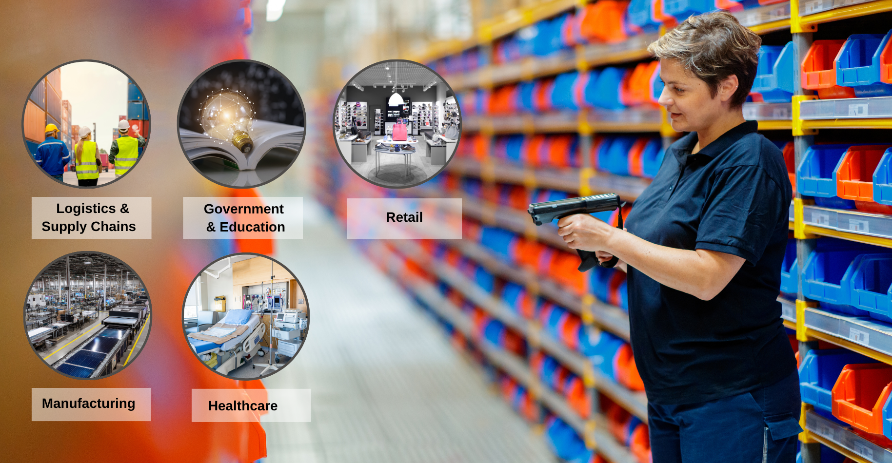 A warehouse worker uses an RFID handheld reader surrounded by icons representing industries such as logistics, government, retail, manufacturing, and healthcare — showcasing diverse applications of RFID technology.