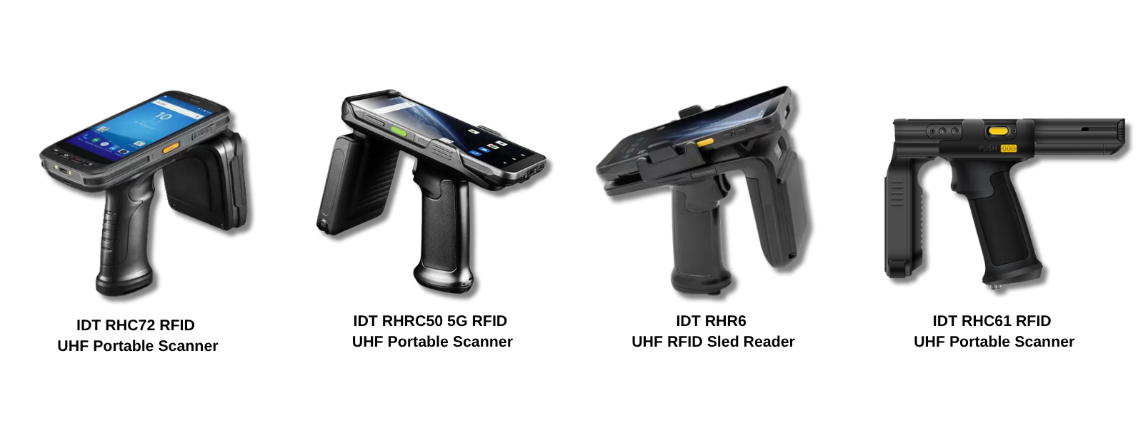 A lineup of IDT RFID handheld readers and portable scanners, including models RHC72, RHRC50 5G, RHR6, and RHC61, designed for efficient asset tracking and inventory management.