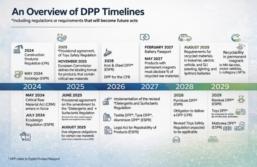 Digital Product Passport timeline (2024–2029) showing EU sustainability regulations
