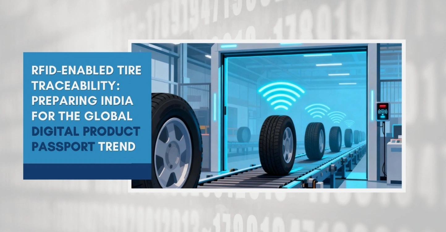 RFID tire with digital ID and traceability data display.